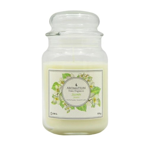 Vela perfumada em frasco clássico com aroma a jasmim, de cor branca cremosa.