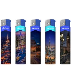 Isqueiro elétrico pequeno recarregável com imagem de cidade iluminada à noite