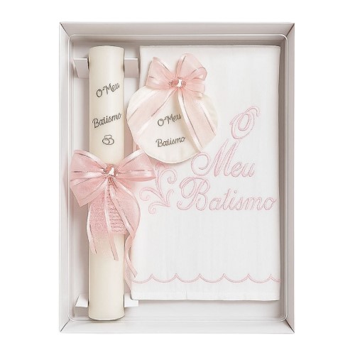 Conjunto para batizado em tons de rosa com vela redonda decorada, toalha e concha com bordados finos