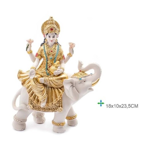 Estátua da Deusa Lakshmi sentada num elefante, em resina com detalhes dourados e cores vibrantes