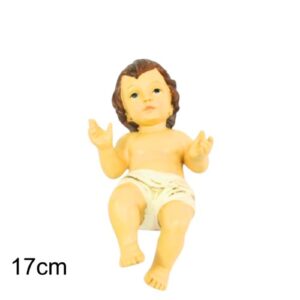 Figura detalhada do Menino Jesus em posição reclinada, robes claros com detalhes dourados, 17cm de altura, ideal para presépios de Natal