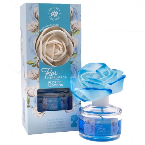Frasco de ambientador Mikado com 65ml, contendo uma flor azul decorativa que difunde o aroma de Flor de Algodão