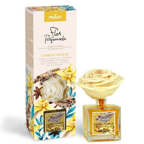 Frasco de ambientador Mikado Prady com flor decorativa e aroma a canela e baunilha