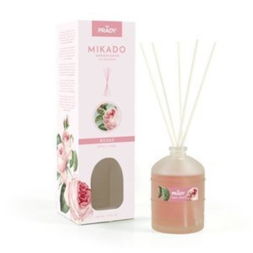 Frasco elegante do ambientador Mikado Prady 100ml com fragrância de rosas e sticks difusores