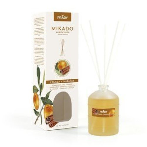 Frasco de ambientador Mikado Prady com varetas, fragrância Canela e Laranja, 100ml, em design elegante.