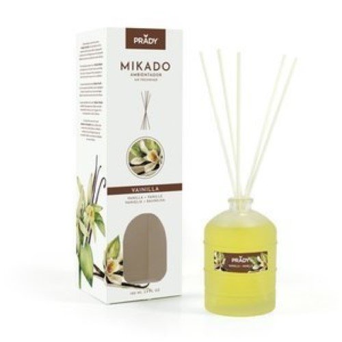 Frasco de ambientador Mikado Prady com varetas, fragrância baunilha
