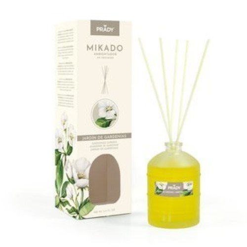Frasco de ambientador Mikado Prady 100ml com rótulo Jardim de Gardénias num design simples e elegante
