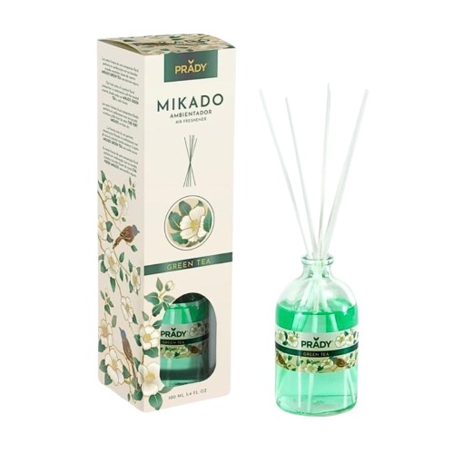 Ambientador Mikado Prady 100ml com fragrância de chá verde, em frasco elegante com paus difusores