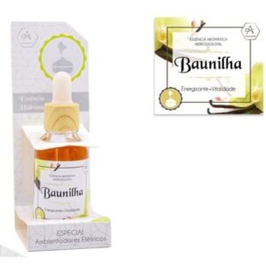 Frasco pequeno com óleo aromático de baunilha para ambientador elétrico, rótulo simples e elegante