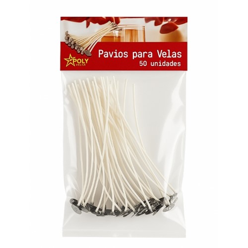 Pack com 50 pavios para velas, cada um com 15cm e chapa metálica para fixação