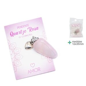 Pendente com Pedra Quartzo Rosa e Coração - Amor