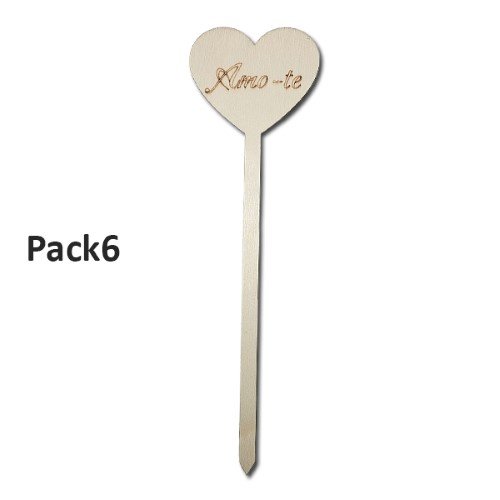 Pick Decorativo Coração 'Amo-te' em Madeira para Arranjos - Pack 6