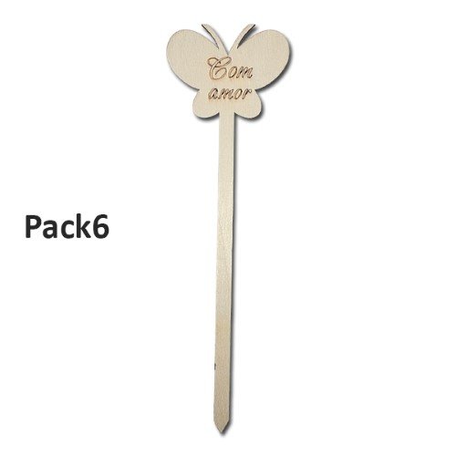 Pick Decorativo Borboleta 'Amor' em Madeira para Arranjos - Pack 6