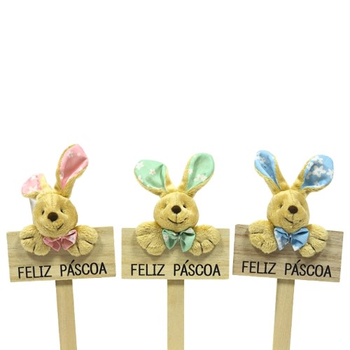Pick Decorativo Peluche Coelho da Páscoa Com Placa em Madeira