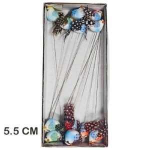 Pack com 12 picks decorativos de pássaros coloridos com suporte metálico para fixação em arranjos florais