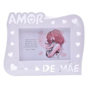 Porta-fotos plástico branco com a mensagem Amor de Mãe em letras delicadas