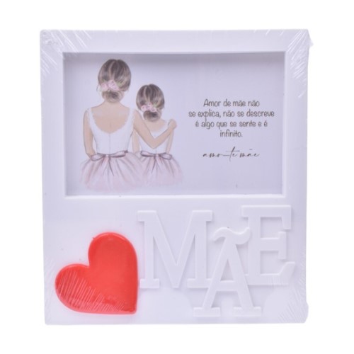Porta-fotos plástico 10x15 cm com design para o Dia da Mãe, com coração vermelho e inscrição 'Mãe' em destaque.
