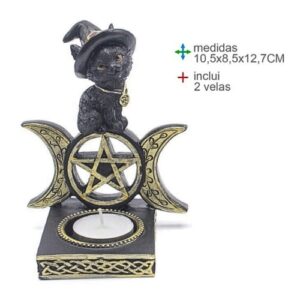 Porta Velas em Cerâmica 10,5x8,5x12,7cm - Gato Wicca Sentado