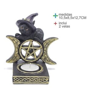 Porta Velas em Cerâmica 10,5x8,5x12,7cm - Gato Wicca Deitado