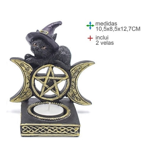 Porta Velas em Cerâmica 10,5x8,5x12,7cm - Gato Wicca Deitado