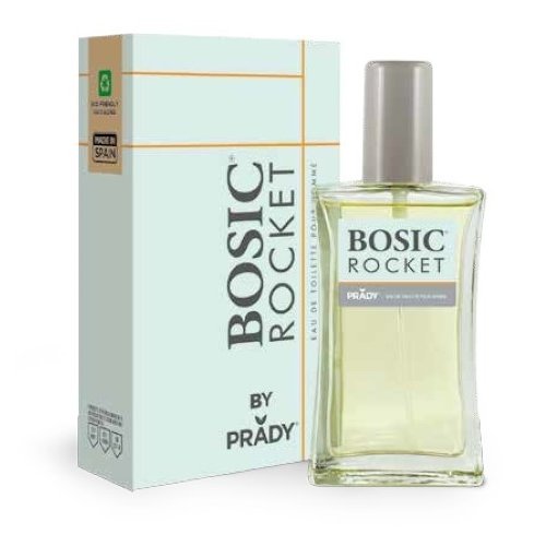 Frasco elegante do perfume Prady Bosic Rocket 100ml para homem, com design moderno e detalhes em tons escuros e prata.