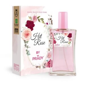 Frasco de perfume Prady Hit Rose de 100ml com embalagem rosa decorada com flores