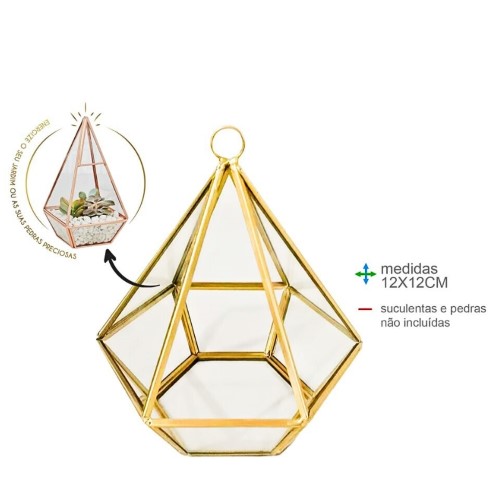 Prisma energético em vidro com estrutura dourada, ideal para decoração esotérica ou para exibir cristais e plantas pequenas.