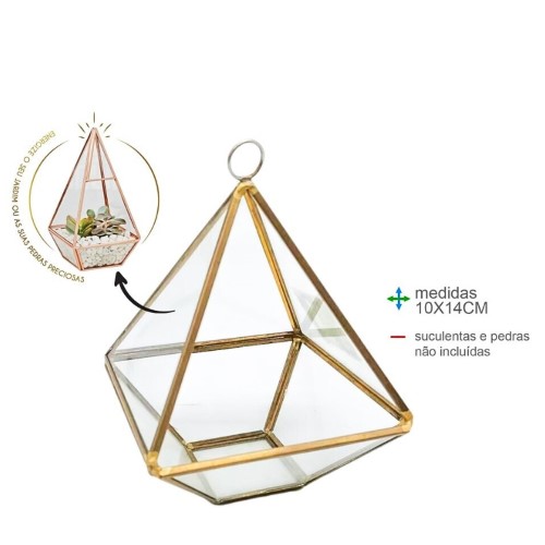 Prisma energético em vidro transparente com estrutura metálica dourada, ideal para decoração e cristais