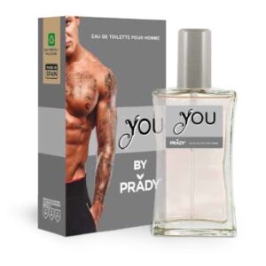 Frasco de perfume Prady You para homem com 100ml, design moderno em vidro transparente e tampa preta.