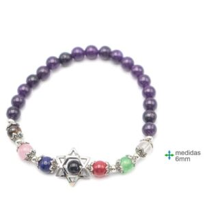 Pulseira esotérica com pedras coloridas que representam os 7 chakras e pendente da Estrela de David
