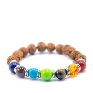 Pulseira esotérica com contas castanhas Rudraksha e pedras coloridas representando os sete chakras.