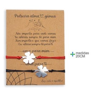 Pack com duas pulseiras Alma Gémea, cada uma com pingente de trevo de 4 folhas em metal prateado