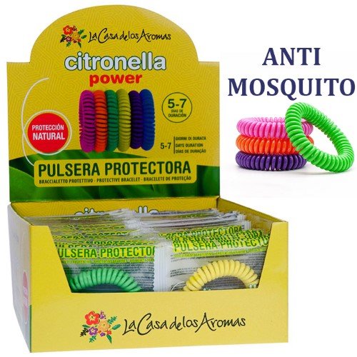 Pulseira colorida protetora anti-mosquitos com citronela, em várias cores vibrantes.