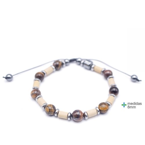 Pulseira de Proteção em Madeira e Hematite 8mm - Olho de Tigre