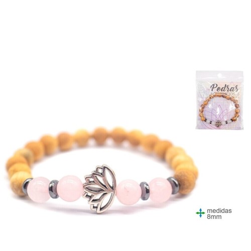 Pulseira esotérica de contas em madeira natural e quartzo rosa de 8mm, com pendente decorativo em forma de flor de lótus