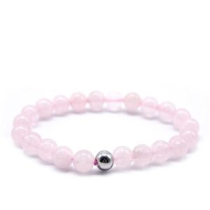 Pulseira esotérica com pedras redondas de quartzo rosa 8mm e uma conta metálica destacada