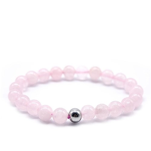 Pulseira esotérica com pedras redondas de quartzo rosa 8mm e uma conta metálica destacada