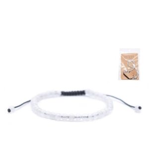 Pulseira ajustável com pequenas pedras semipreciosas de cristal translúcido, num tom branco puro e brilhante.