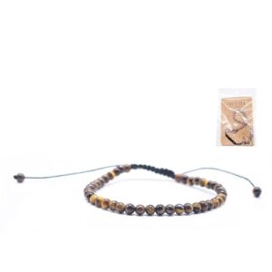 Pulseira ajustável com contas de Olho de Tigre castanho e dourado sobre fundo branco