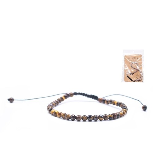 Pulseira ajustável com contas de Olho de Tigre castanho e dourado sobre fundo branco