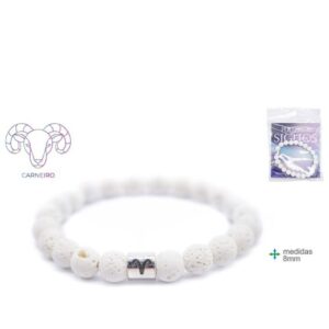 Pulseira esotérica do signo Carneiro feita com contas brancas de 8mm e amuleto simples