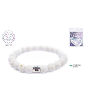 Pulseira com contas redondas de 8mm em tons neutros, representando o signo Gémeos