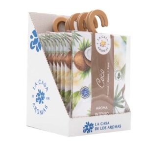 Frasco de ambientador perfumado para roupeiro com design simples e rótulo ilustrado com coco