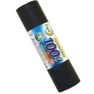 Imagem de sacos para lixo brancos com capacidade para 100 litros, embalados em 10 unidades.