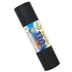 Pack de 10 sacos de lixo pretos resistentes com capacidade para 130 litros cada.