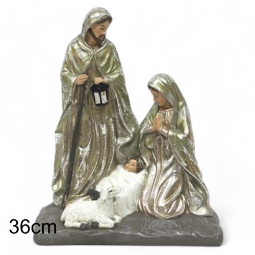 Presépio decorativo da Sagrada Família em tons dourados com 36 cm de altura, ideal para decoração natalícia