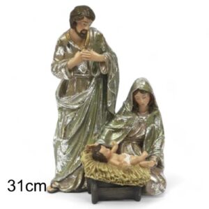 Figura decorativa da Sagrada Família em tons sóbrios com 31 cm, mostrando Maria, José e o Menino Jesus para decoração natalícia