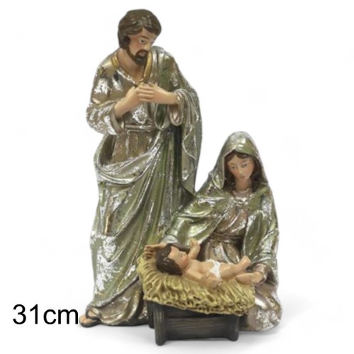 Figura decorativa da Sagrada Família em tons sóbrios com 31 cm, mostrando Maria, José e o Menino Jesus para decoração natalícia