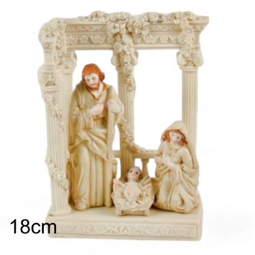 Figura da Sagrada Família de 18cm com detalhes delicados, ideal para decoração de Natal