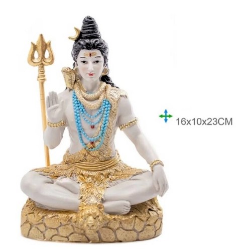 Estátua de Shiva em resina com acabamento dourado e colares azuis, medindo aproximadamente 16x10x23 cm